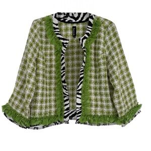 Berek Artsy Jacket Size L Zebra Trim Lime Green Tweed Blazer Beaded Fringe